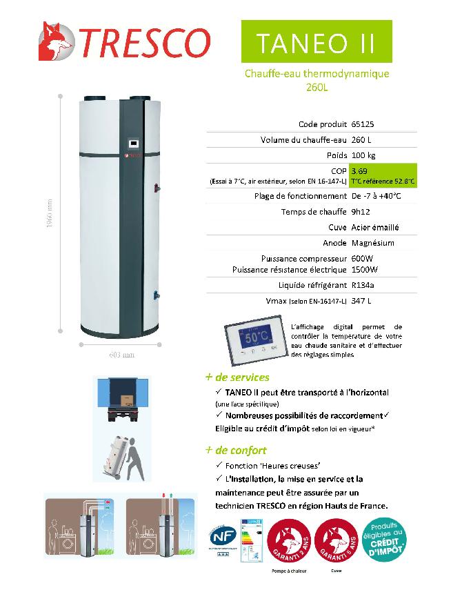 65125 - Chauffe eau thermodynamique TRESCO Tanéo II - 260L